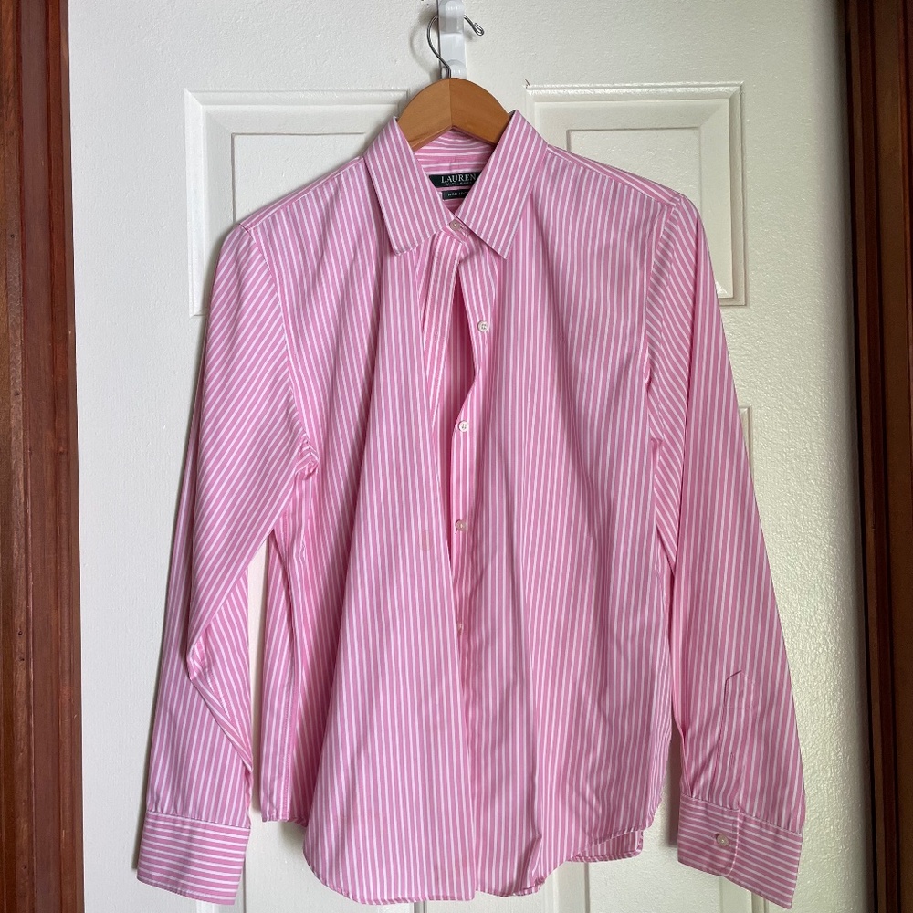 LAUREN RALPH LAUREN Pink and White Non-Iron Straight-Fit Shirt, Regular Large